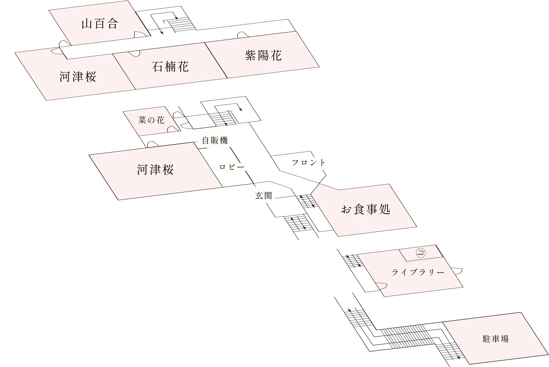 フロアマップ　B1:ライブラリー　1F:フロント・ロビー、河津桜、菜の花、お食事処、自動販売機　2F:河津桜、山百合、石楠花、紫陽花